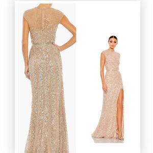 NWT MacDuggal 5619 Embellished Illusion High Neck Cap Sleeve Gown Nude 8